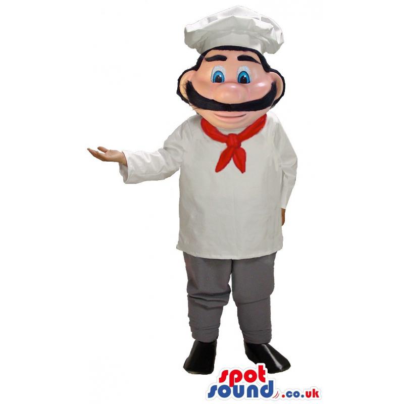 Chef man mascot with red scarf and peculiar hat in his head -