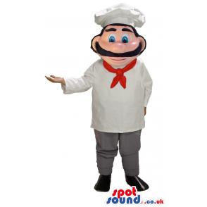Chef man mascot with red scarf and peculiar hat in his head -
