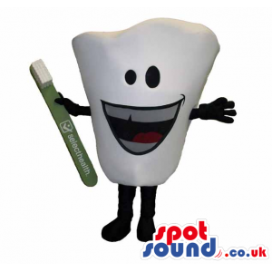 Big Funny White Tooth Mascot With Toothbrush And Face - Custom