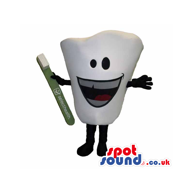 Big Funny White Tooth Mascot With Toothbrush And Face - Custom