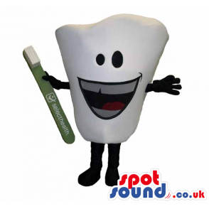 Big Funny White Tooth Mascot With Toothbrush And Face - Custom