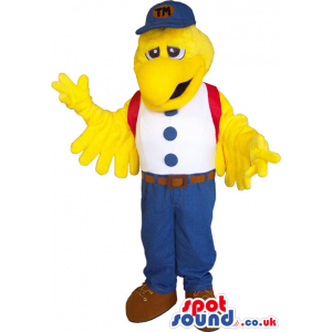 Yellow Bird Mascot Wearing A White Shirt And A Blue Cap -