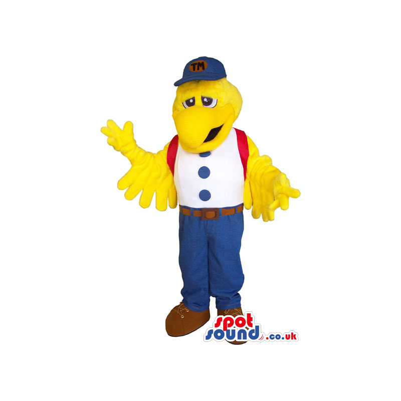 Yellow Bird Mascot Wearing A White Shirt And A Blue Cap -