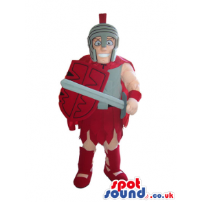 Ancient Roman Soldier Mascot Wearing A Helmet And Red Clothes -