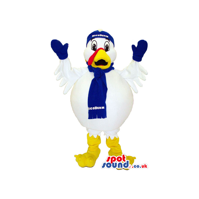 White Big Bird Mascot Wearing A Winter Scarf And Hat - Custom