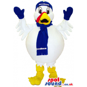 White Big Bird Mascot Wearing A Winter Scarf And Hat - Custom