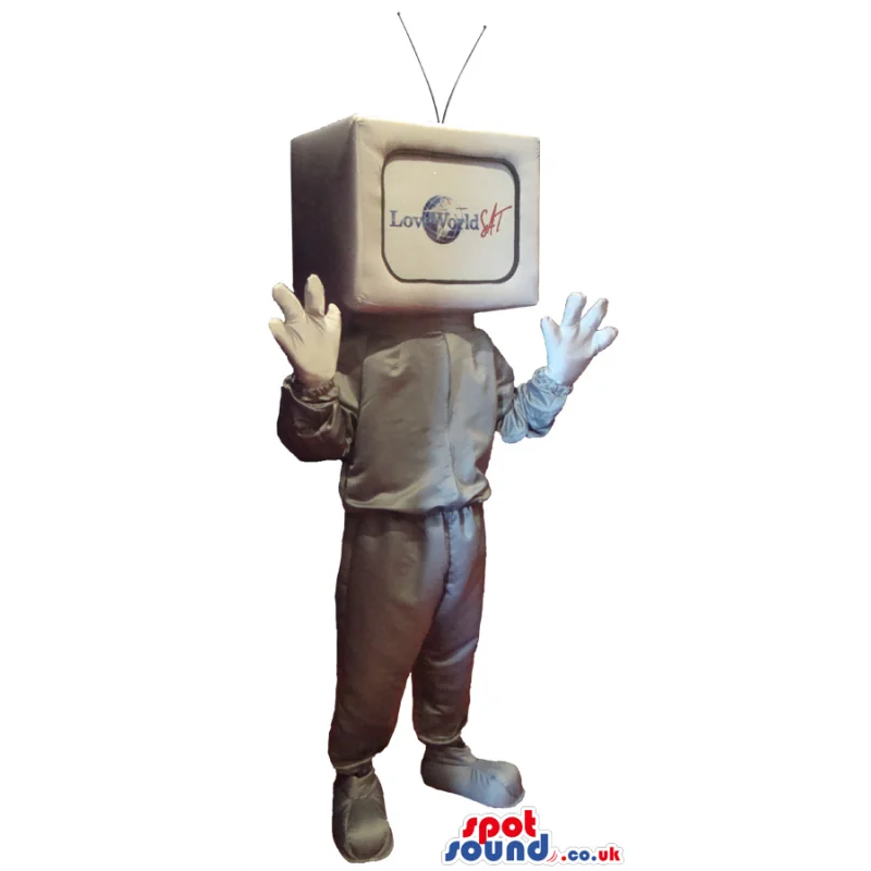 Silver Tv Mascot With A Body And Without A Face And A Logo -