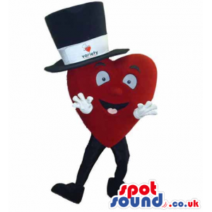 Red Big Heart Mascot Wearing A Big Top Hat With A Logo - Custom