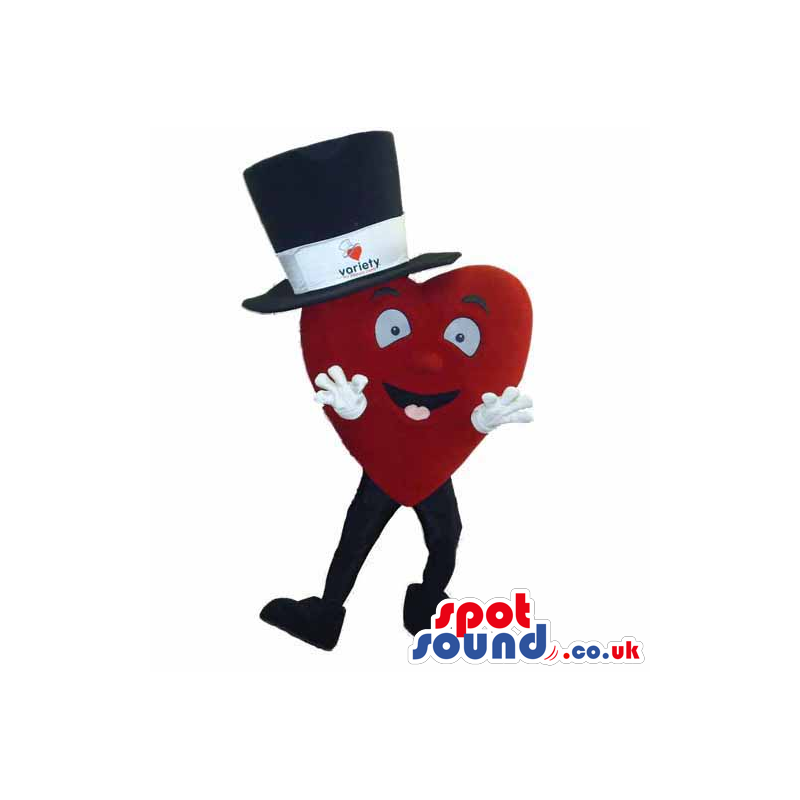 Red Big Heart Mascot Wearing A Big Top Hat With A Logo - Custom