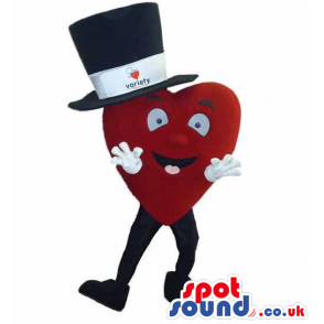 Red Big Heart Mascot Wearing A Big Top Hat With A Logo - Custom