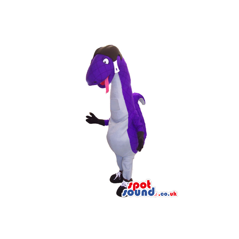 Purple Plush Snake Mascot With Long Tongue And A Helmet -