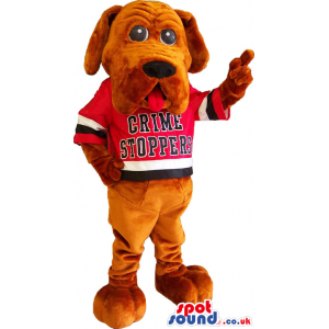 Brown Dog Animal Mascot Wearing A Red T-Shirt With Text -