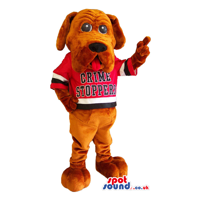 Brown Dog Animal Mascot Wearing A Red T-Shirt With Text -