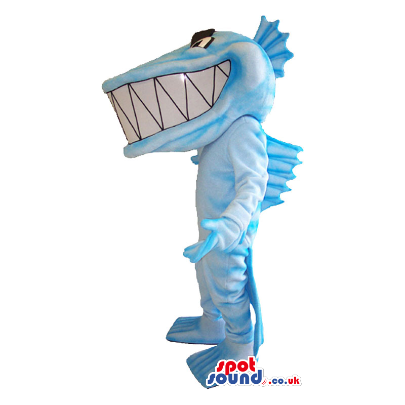 Blue And White Fish Plush Mascot With Fins And Giant Teeth -