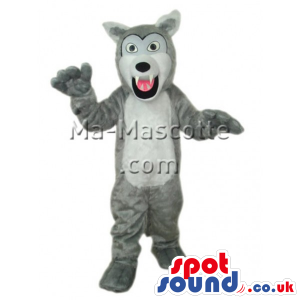 Grey Wolf Animal Plush Mascot With Open Mouth And Pink Tongue -