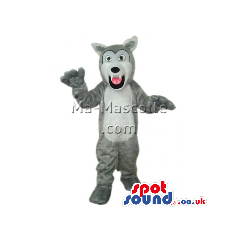 Grey Wolf Animal Plush Mascot With Open Mouth And Pink Tongue -