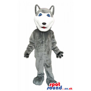 Grey Wolf Animal Plush Mascot With Closed Mouth And Blue Eyes -