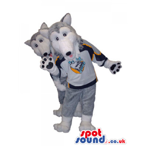 Two Grey Wolf Animal Plush Mascots With Sweaters And Logos -
