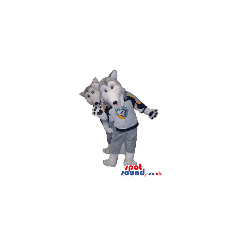 Two Grey Wolf Animal Plush Mascots With Sweaters And Logos -