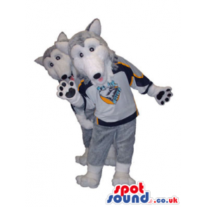 Two Grey Wolf Animal Plush Mascots With Sweaters And Logos -