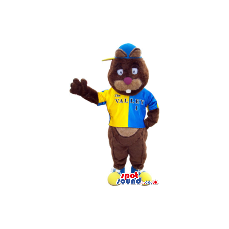 Brown Bear Animal Mascot Wearing Yellow And Blue Clothes -