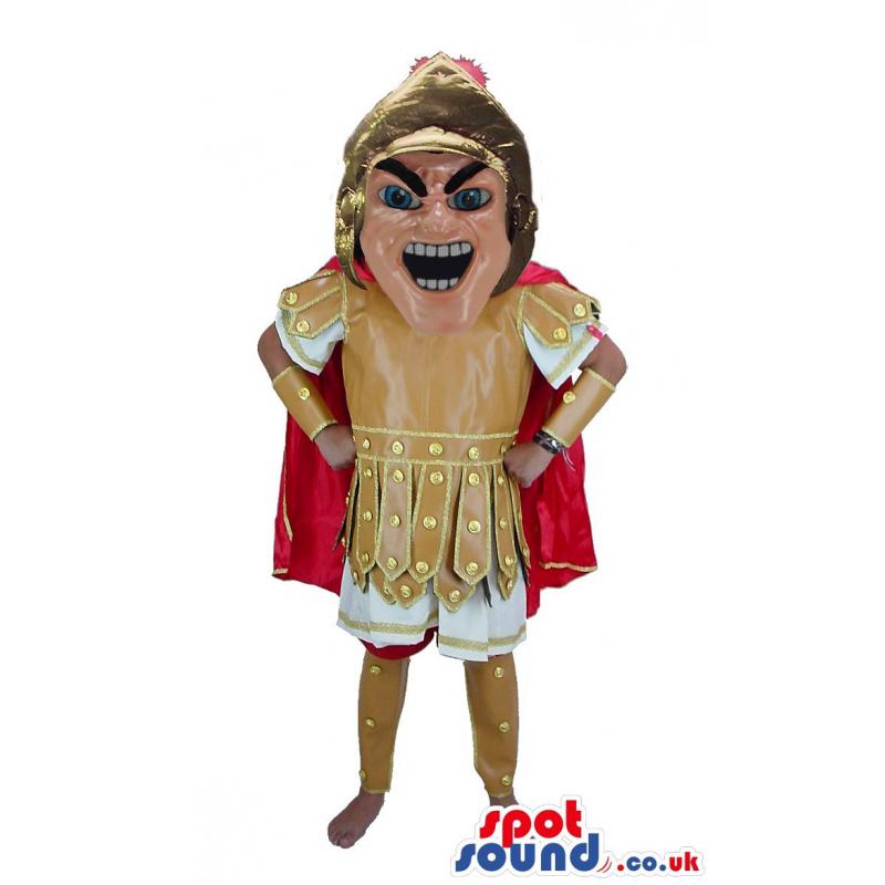 Soldier from roman in typical brown white costume & red cloak -