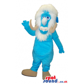 Blue Mammoth Animal Mascot With A White Beard And Horns -