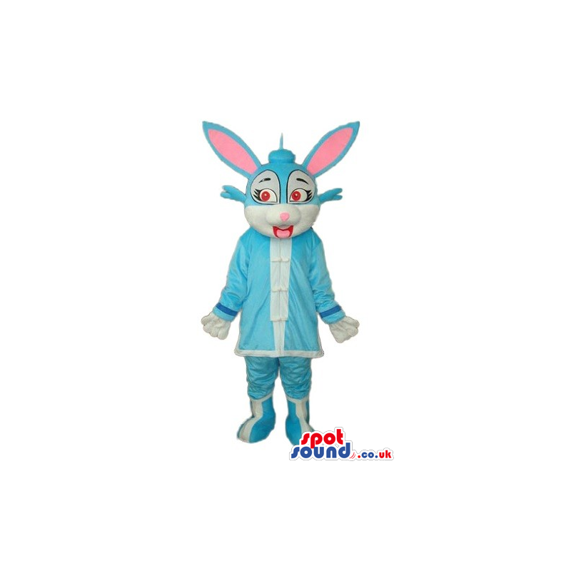 Blue And Pink Rabbit Robot Girl Mascot With Red Eyes - Custom