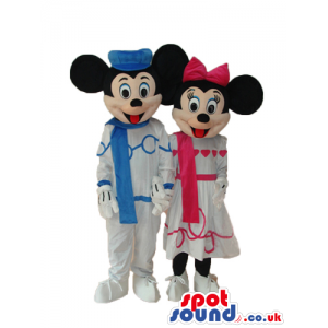 Mickey And Minnie Mouse Disney Mascots Wearing Winter Clothes -