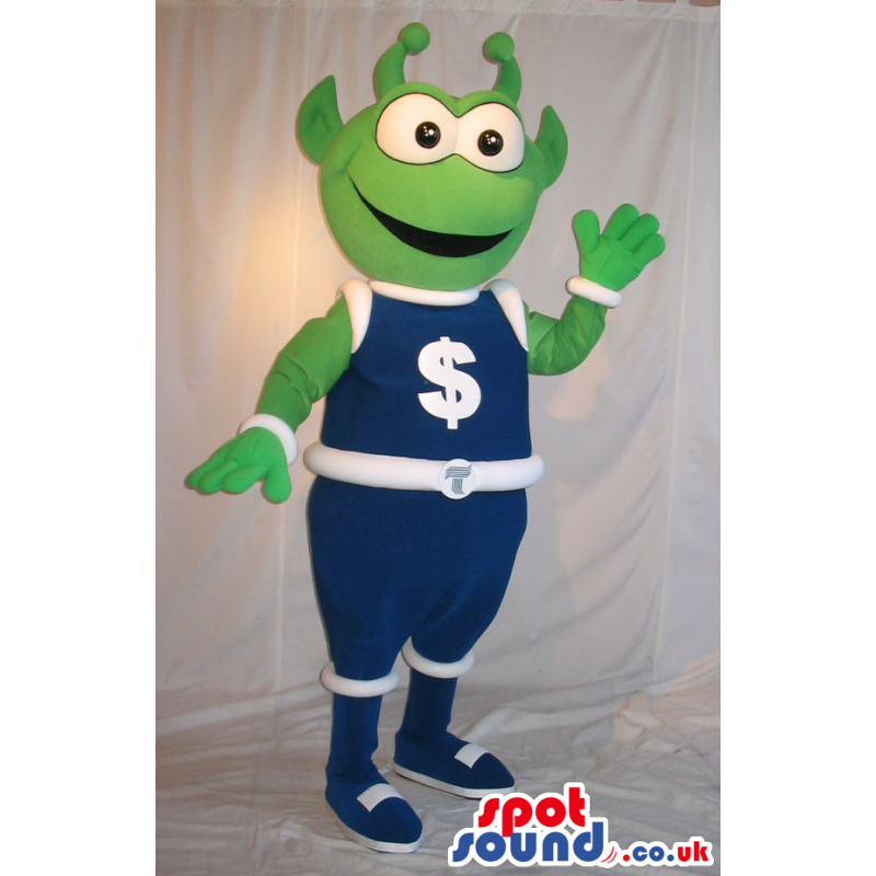 Cute Green Alien Mascot Wearing Space Clothes With Dollar Sign