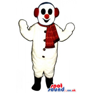White Snowman Plush Mascot Wearing A Red Scarf And Ear Warmers