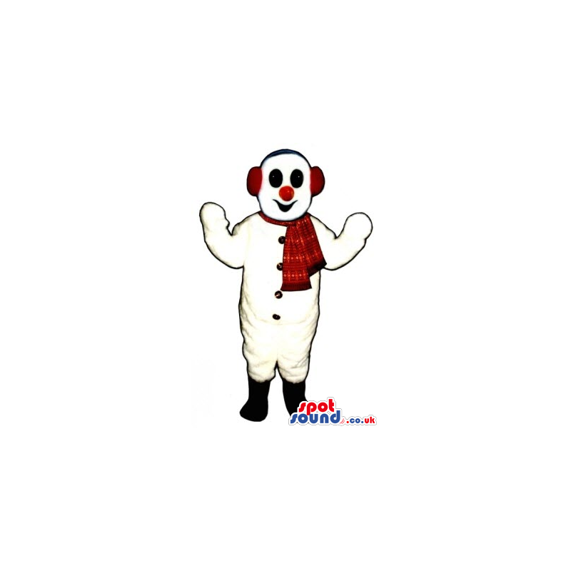 White Snowman Plush Mascot Wearing A Red Scarf And Ear Warmers