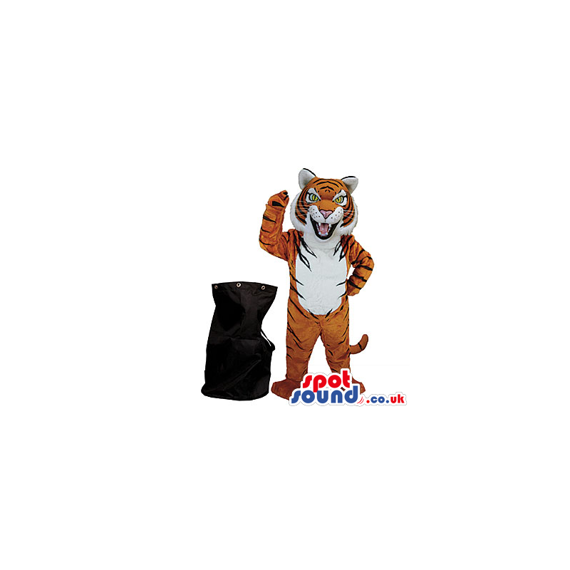 Black Rucksack Bag And Furious Tiger With White Belly Mascot -