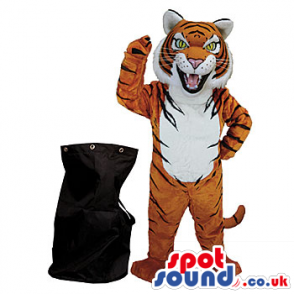 Black Rucksack Bag And Furious Tiger With White Belly Mascot -