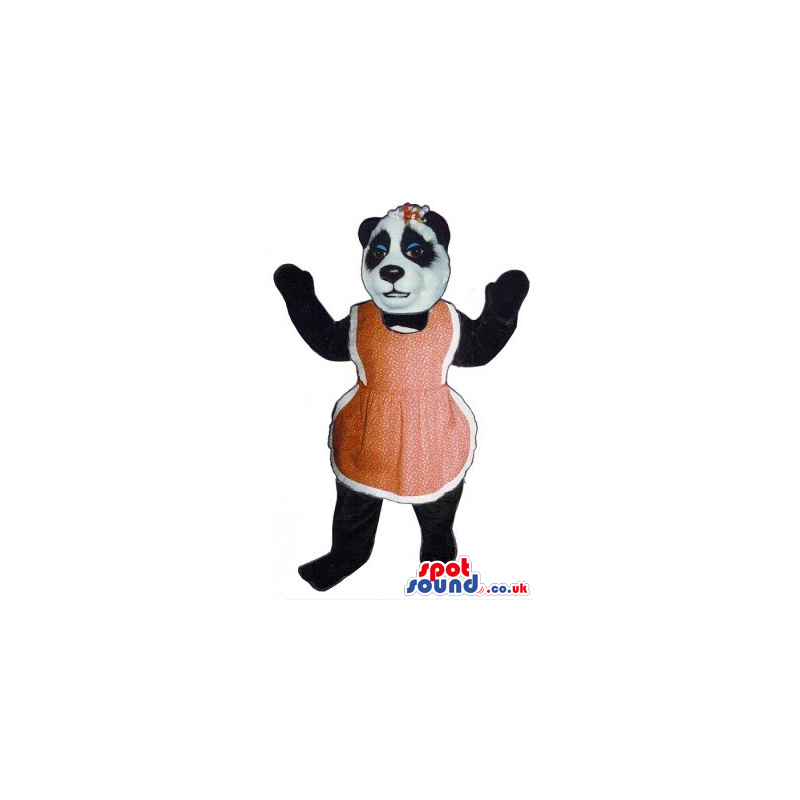 Girl Panda Bear Animal Mascot Wearing A Red Apron And Ribbon -