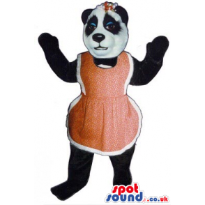 Girl Panda Bear Animal Mascot Wearing A Red Apron And Ribbon -