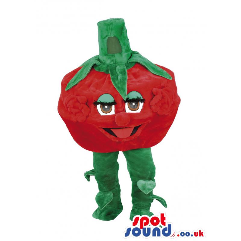 Lovely tomato mascot with hands and legs showing his tongue -