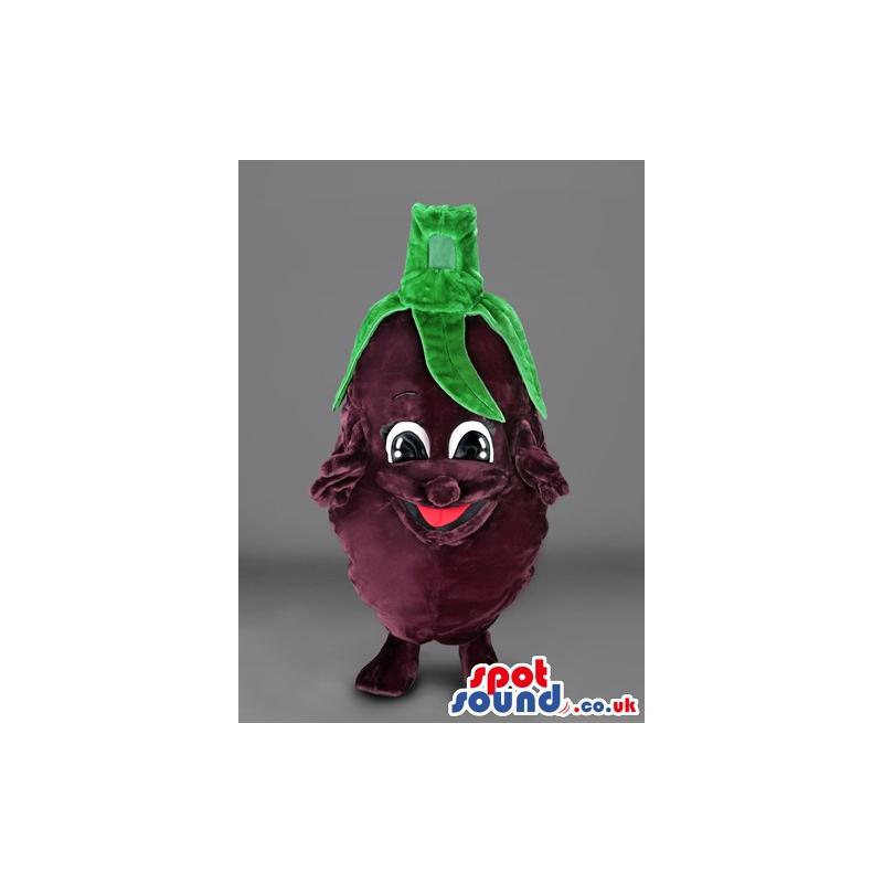 Purple egg plant mascot with green hair in her head - Custom