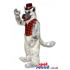 Light Grey Wold Plush Animal Mascot Wearing A Red Vest And Top