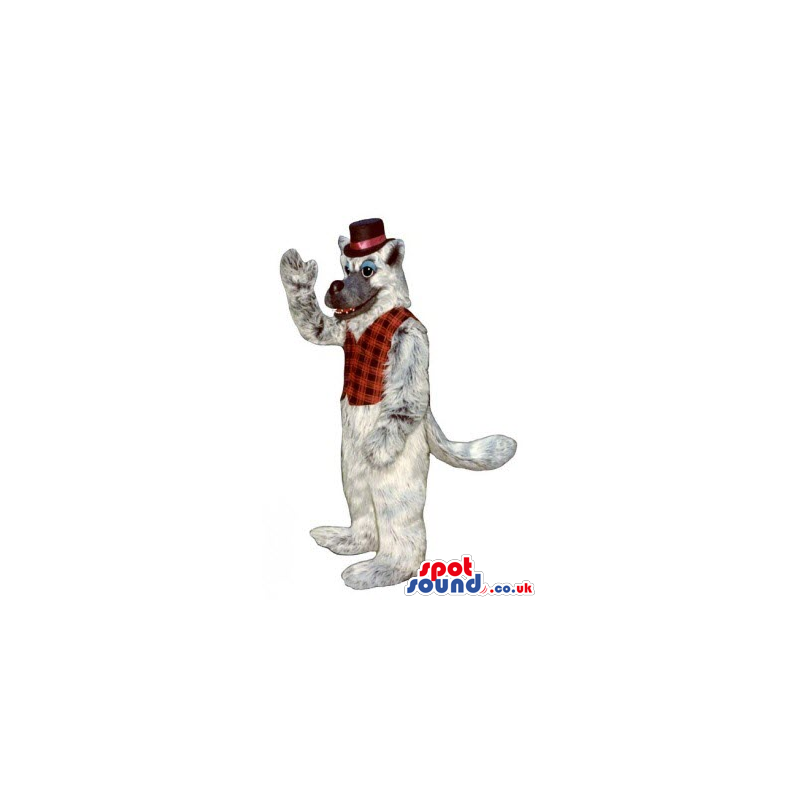 Light Grey Wold Plush Animal Mascot Wearing A Red Vest And Top