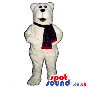 White Plain Polar Bear Mascot With Squared Head Wearing A Scarf