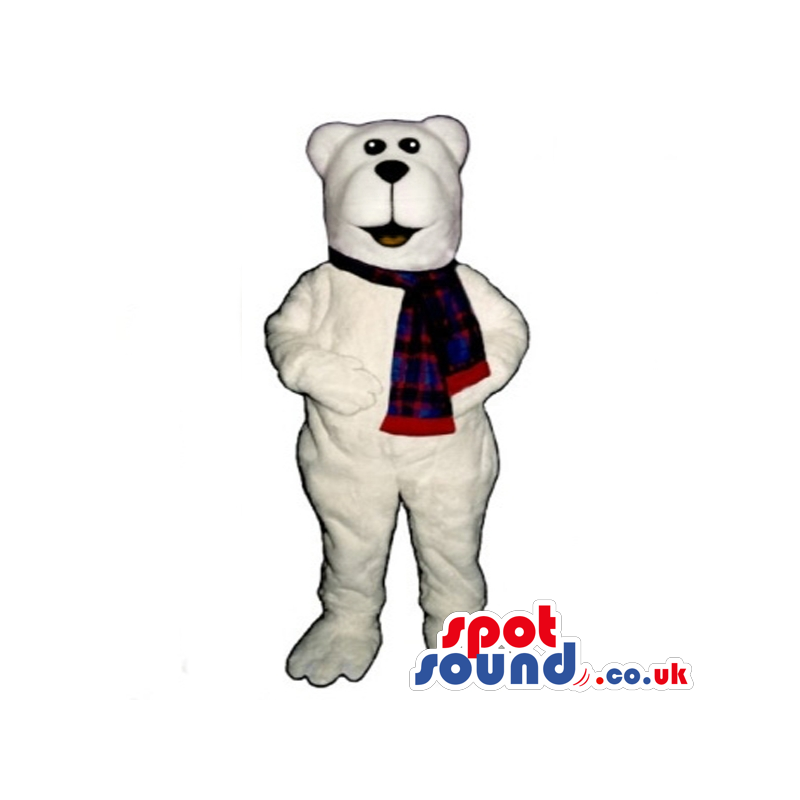 White Plain Polar Bear Mascot With Squared Head Wearing A Scarf