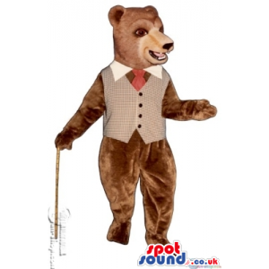 Brown Bear Mascot Wearing A Grey Vest And A Red Bow Tie -