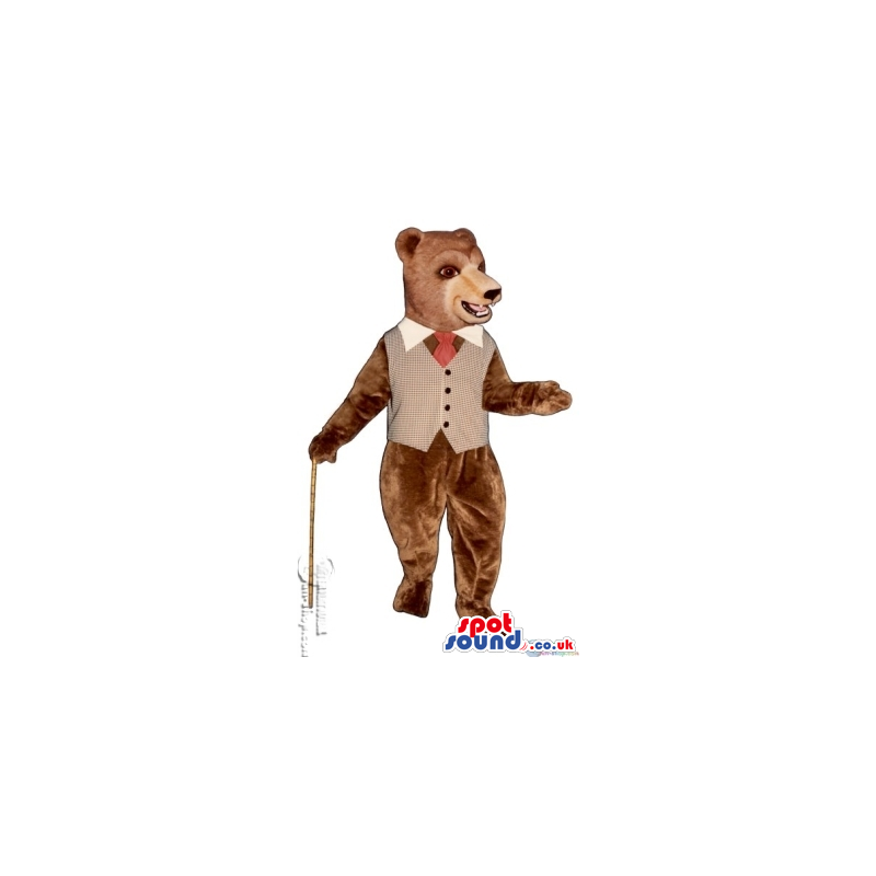 Brown Bear Mascot Wearing A Grey Vest And A Red Bow Tie -