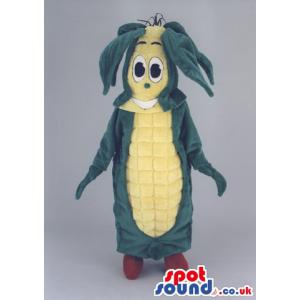 Corn mascot in green and yellow colour with  an amazed  look