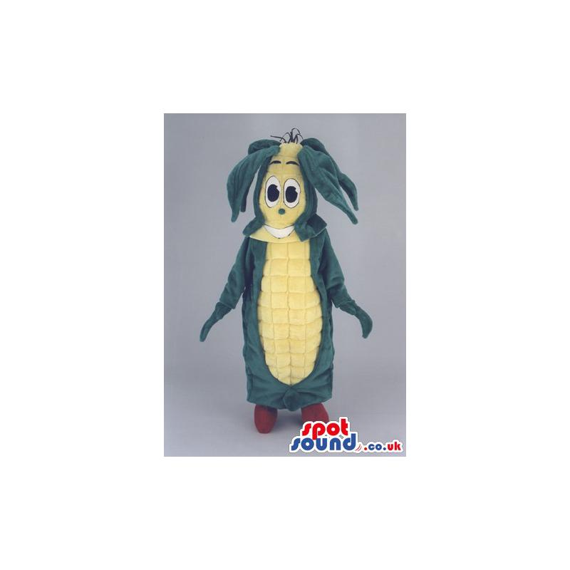 Corn mascot in green and yellow colour with an amazed look -