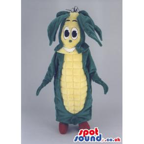Corn mascot in green and yellow colour with an amazed look -