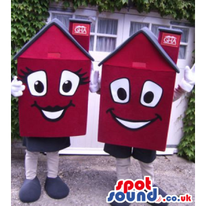 Two Red Houses With Girl And Boy Faces And A Grey Roof - Custom