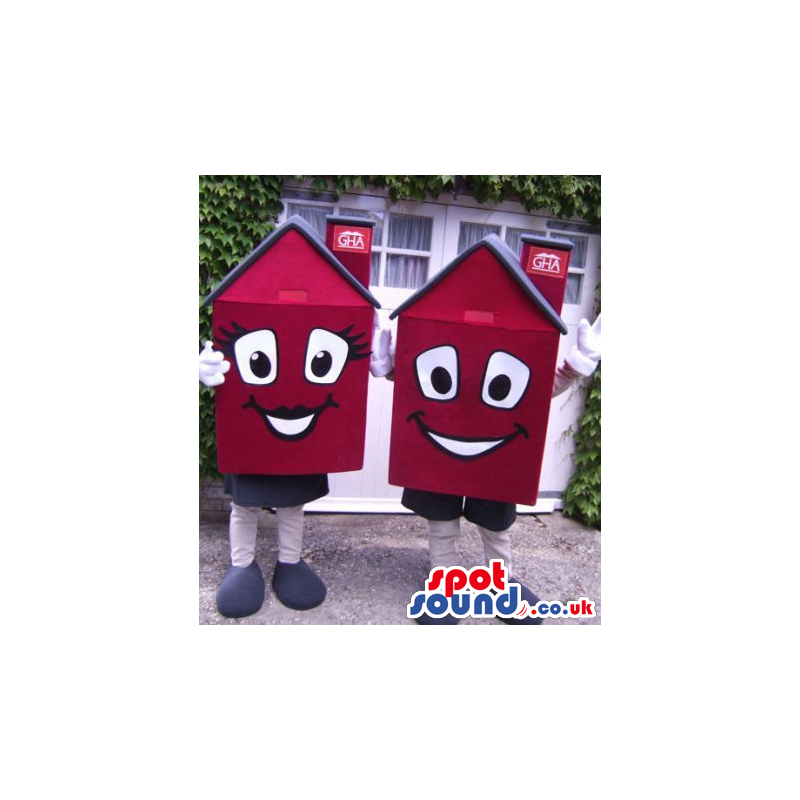 Two Red Houses With Girl And Boy Faces And A Grey Roof - Custom