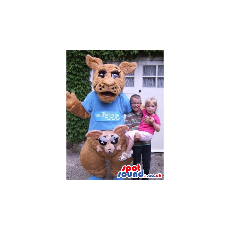 Brown Kangaroo Animal Plush Mascot Wearing A Blue T-Shirt -